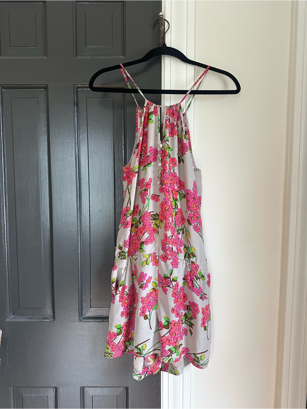 Parker 100% Silk Floral Halter Romper Pink Green Size Medium